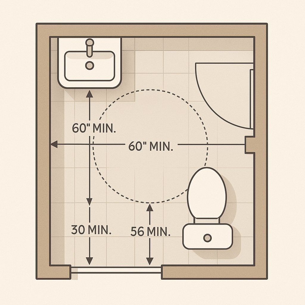 Small commercial restroom layout with turning radius overlay
